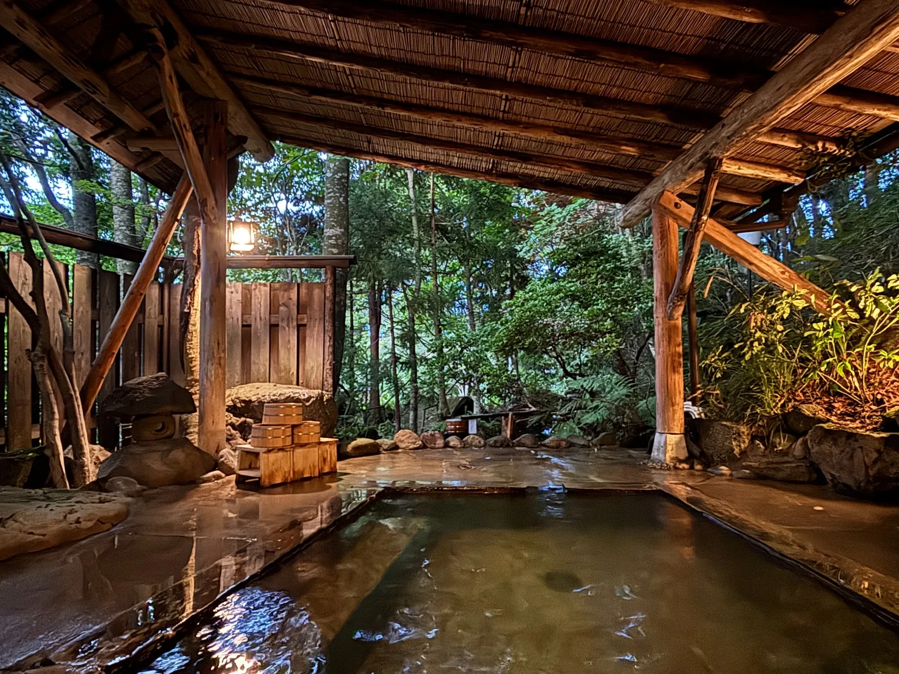 Mori no Yu private outdoor bath at dusk in the forest