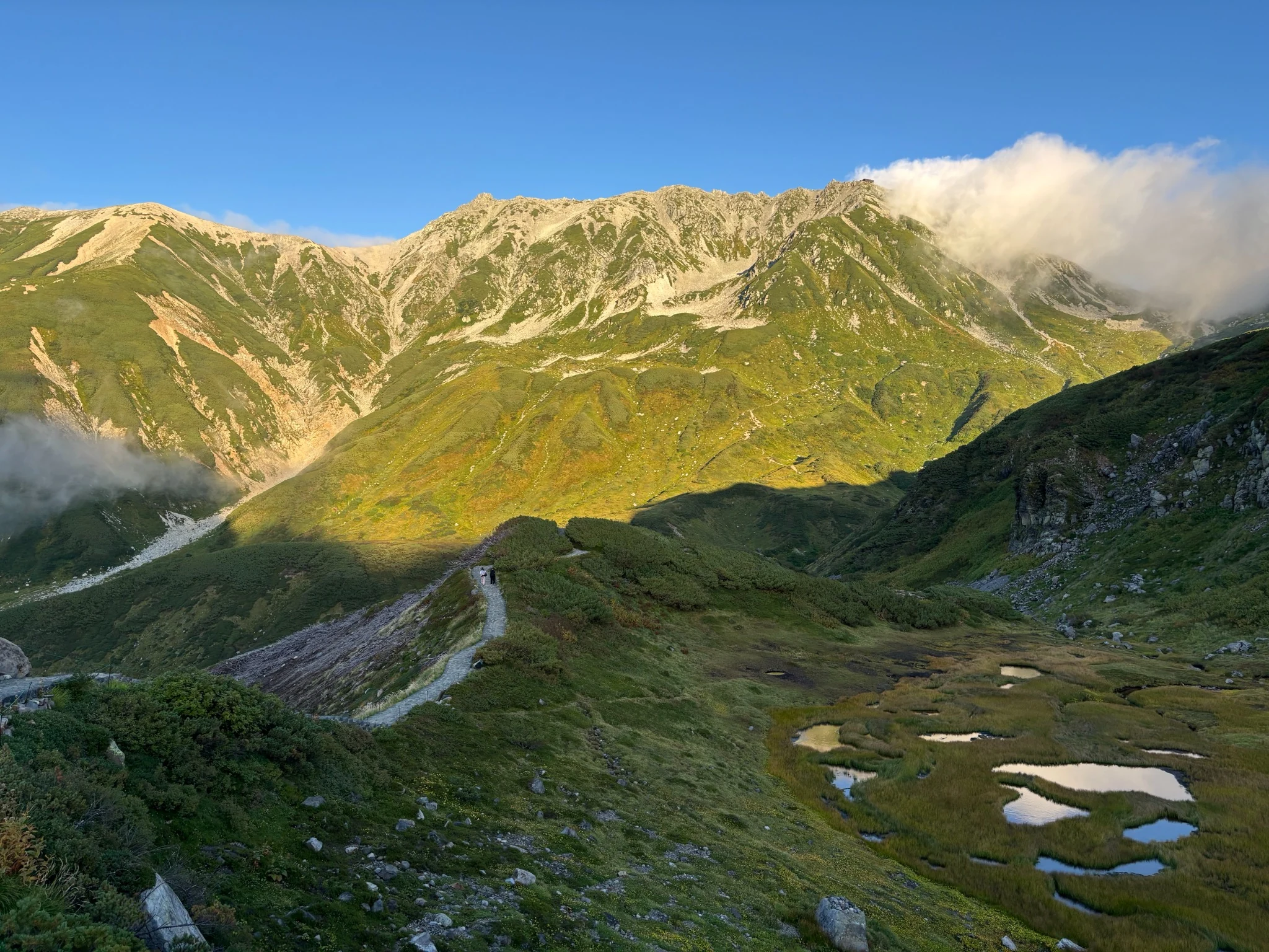 Warm evening light on the mountains and wetlands of Tateyama